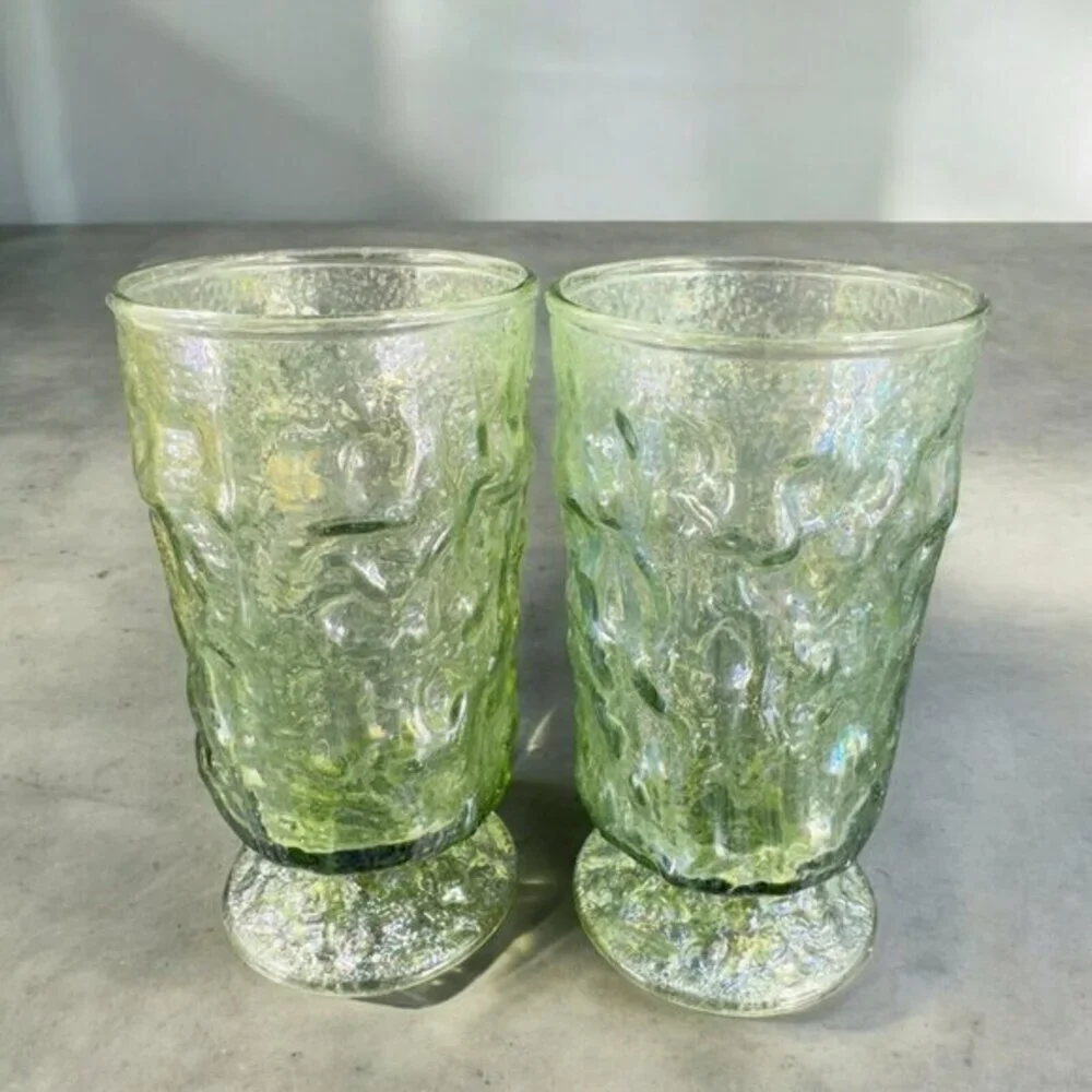 Anchor Hocking Lido Milano Crinkle Drinking Glasses Tumbler Iridescent Set 2 VTG